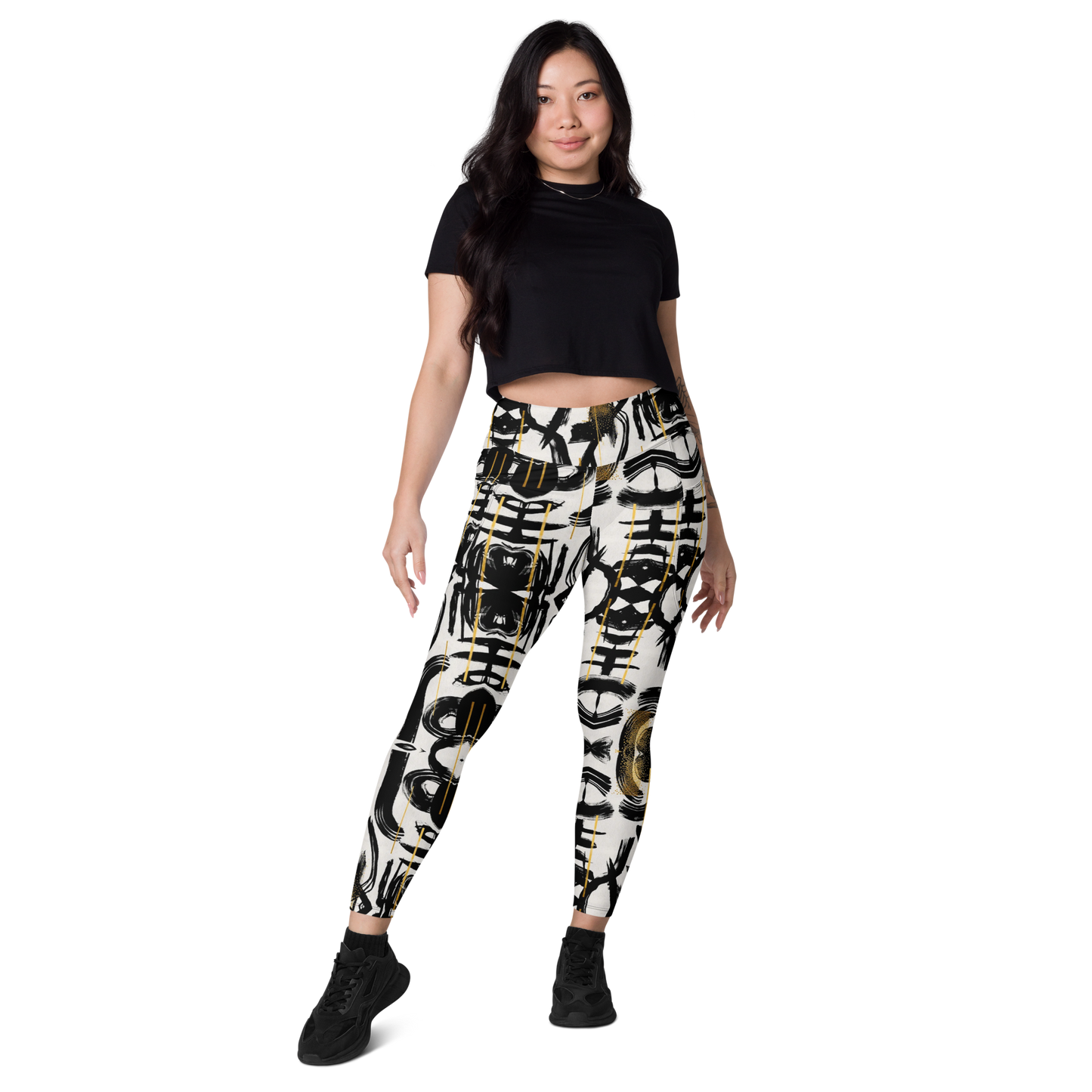 POE Basel Black White and Gold High Waist Legging Women w/Pockets