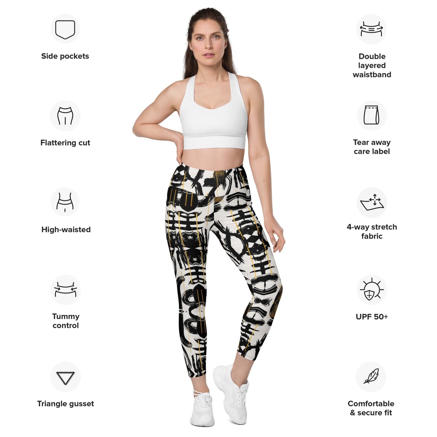 POE Basel Black White and Gold High Waist Legging Women w/Pockets