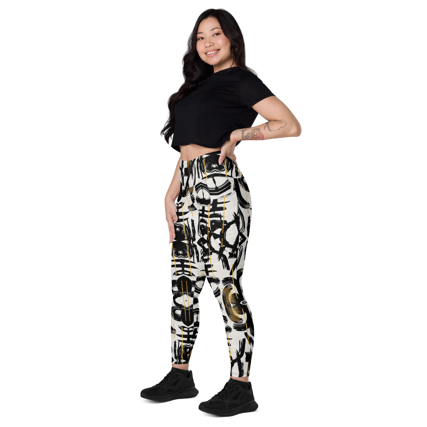 POE Basel Black White and Gold High Waist Legging Women w/Pockets