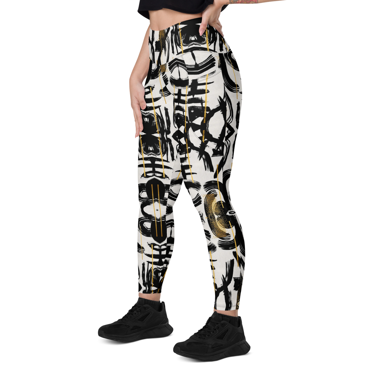 POE Basel Black White and Gold High Waist Legging Women w/Pockets