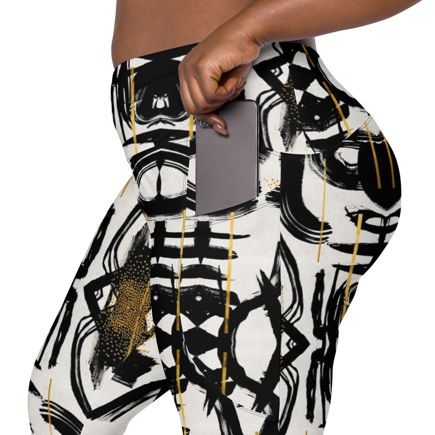 POE Basel Black White and Gold High Waist Legging Women w/Pockets
