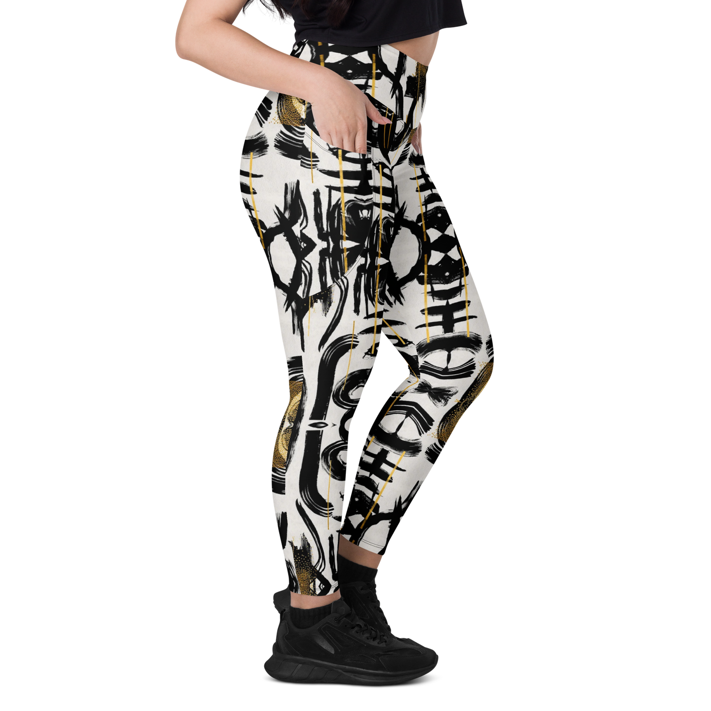 POE Basel Black White and Gold High Waist Legging Women w/Pockets